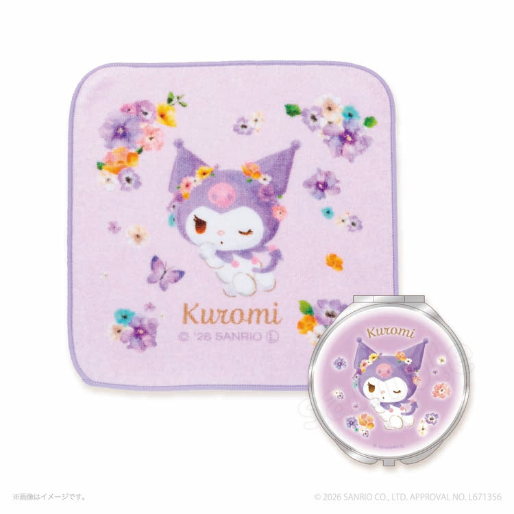 [KUROMI] "Sanrio Watercolor Floral" Hand Towel & Compact Mirror Set