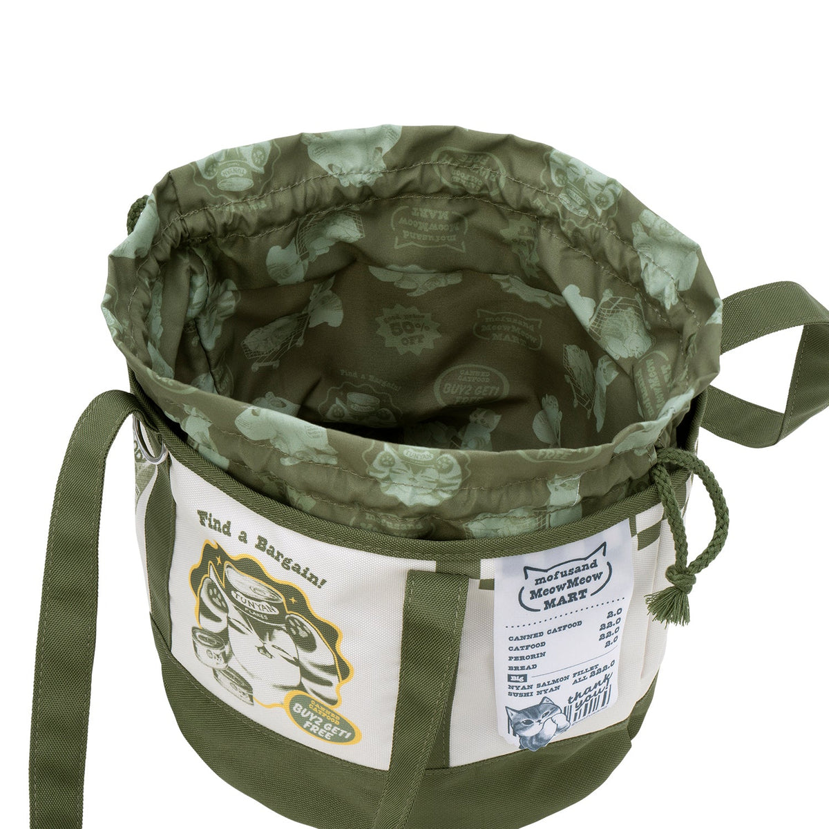 "Mofusand Meow Meow MART" Round Bottom Drawstring Tote Bag