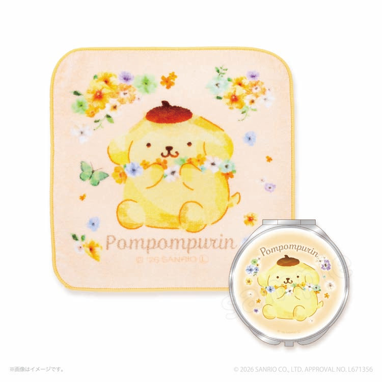 [POMPOMPURIN] "Sanrio Watercolor Floral" Hand Towel & Compact Mirror Set