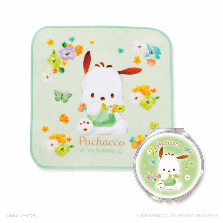 [POCHACCO] "Sanrio Watercolor Floral" Hand Towel & Compact Mirror Set