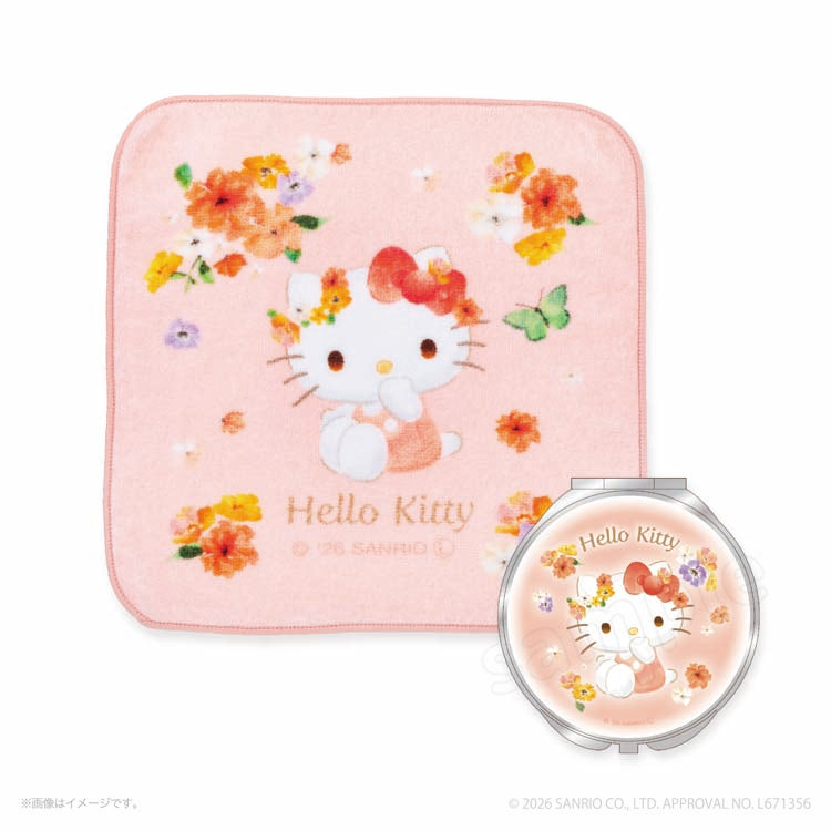 [HELLO KITTY] "Sanrio Watercolor Floral" Hand Towel & Compact Mirror Set