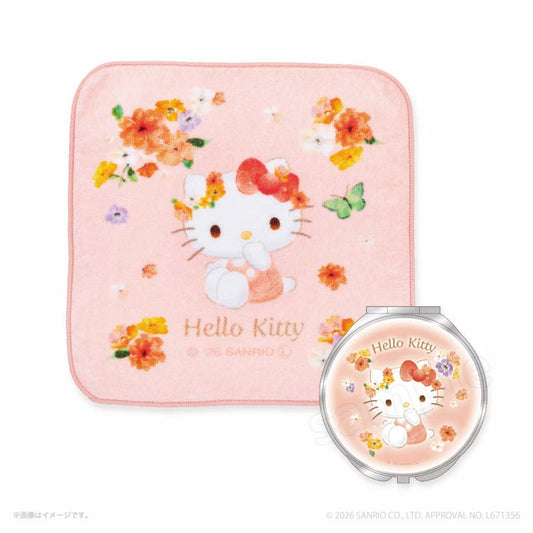 [HELLO KITTY] "Sanrio Watercolor Floral" Hand Towel & Compact Mirror Set