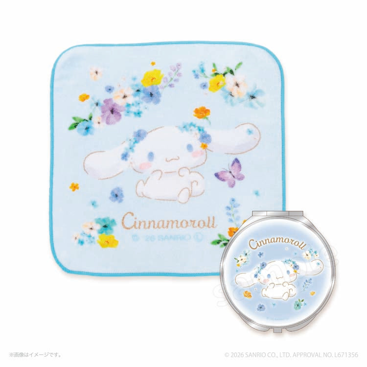 [CINNAMOROLL] "Sanrio Watercolor Floral" Hand Towel & Compact Mirror Set